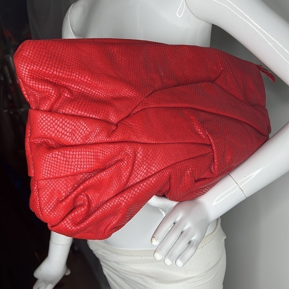 Gino Snake Embossed Extra Large Red Leather Scrunched Zip Clutch Bag